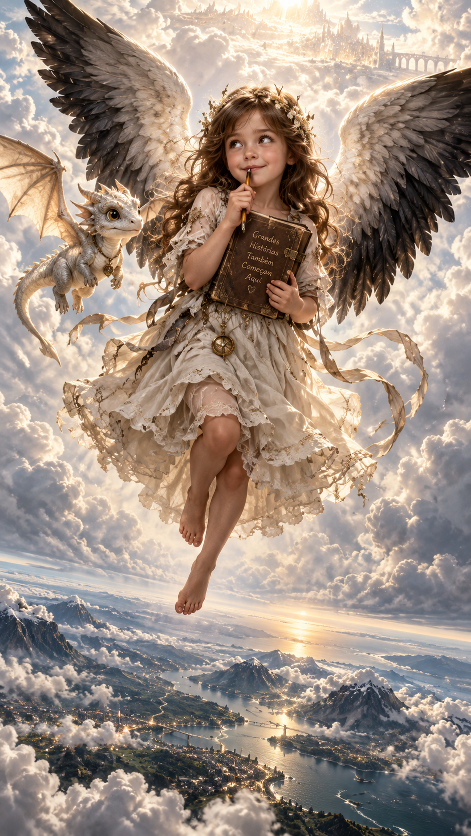 Anjo e dragão sobre as nuvens.